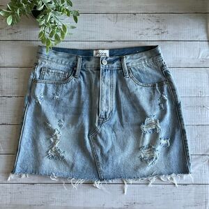 Insane Gene brand Blue Distressed Denim Mini Skirt Casual, zipper fly, soft, L